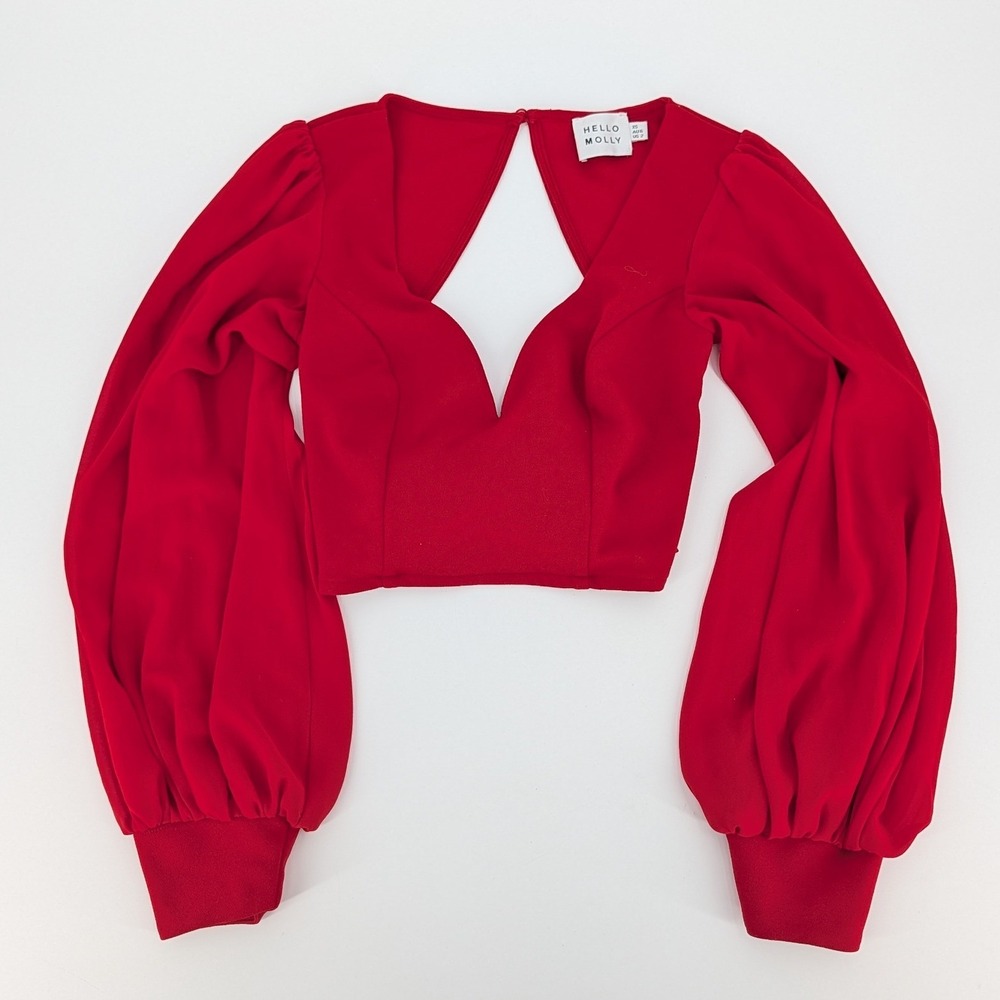 Hello Molly Red Balloon Sleeve Tie Front Cutout Crop Top Size US 2 XS